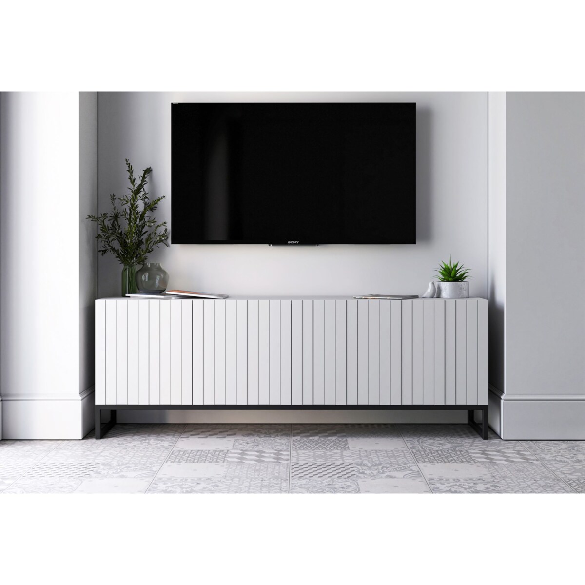 Szafka RTV Loft Biały MAT Komoda RTV Glamour 150 cm Ryflowane fronty Mat