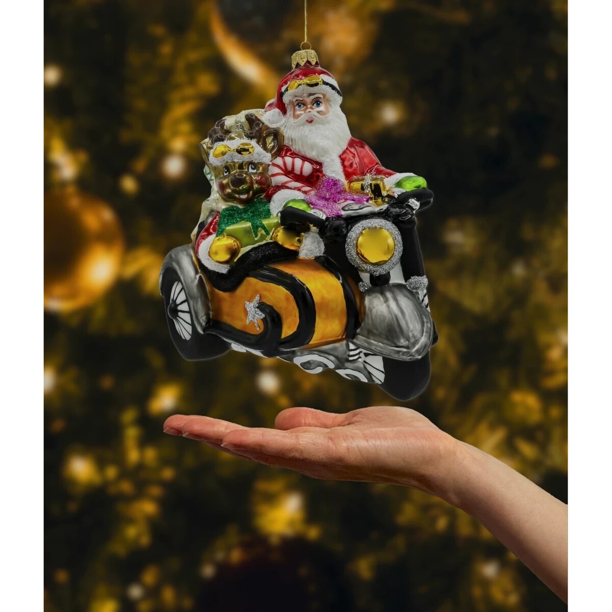 Bombka choinkowa: Wielki Święty Mikołaj na motocyklu z reniferem