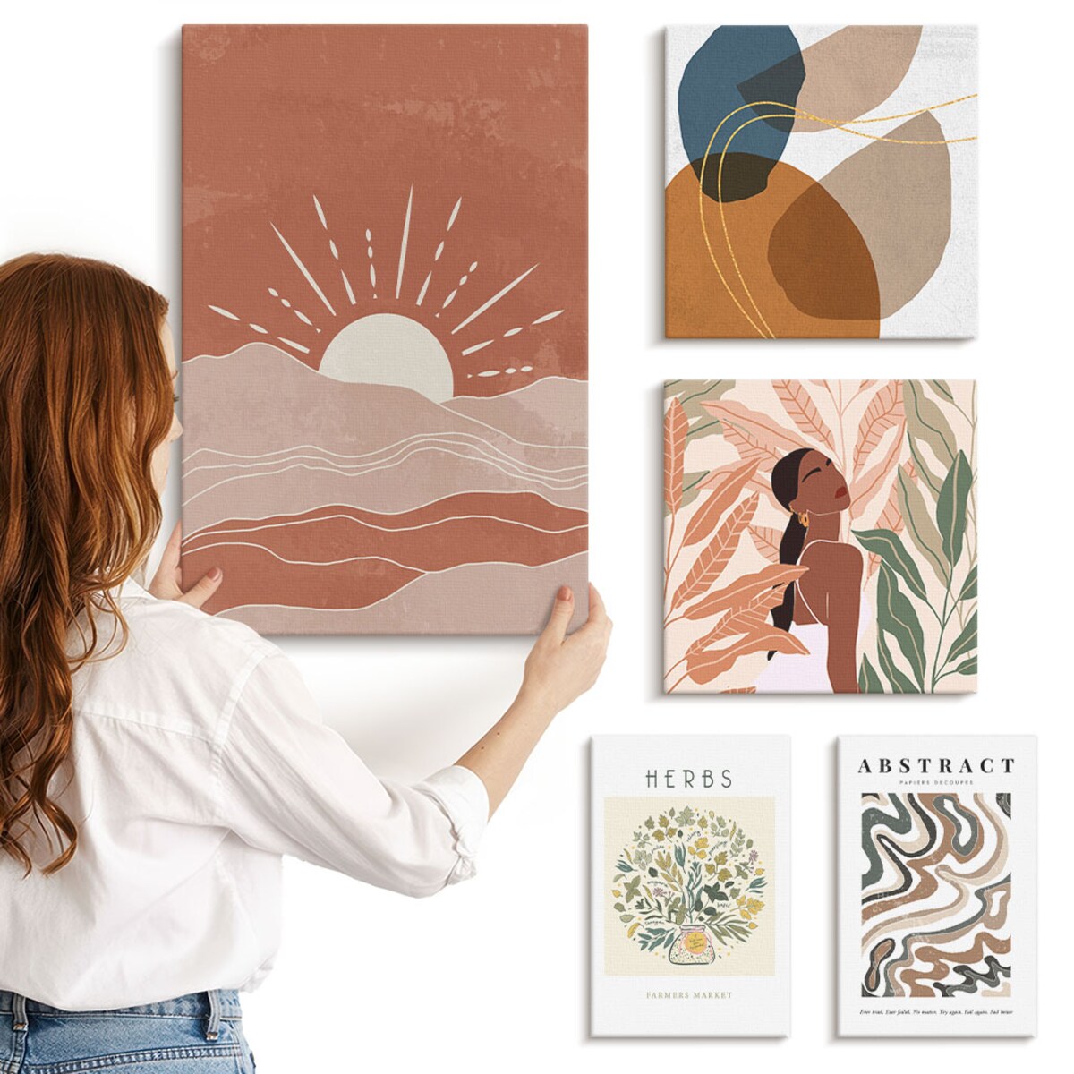 Zestaw 5 obrazów na płótnie - Styl boho roślinne motywy abstrakcyjne - brązowy