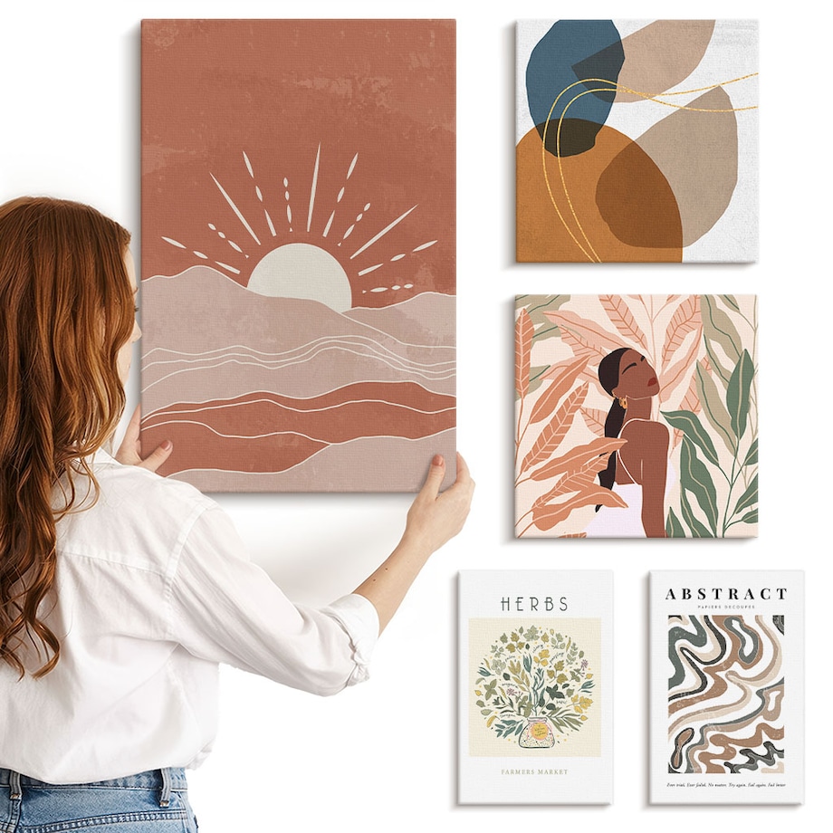 Zestaw 5 obrazów na płótnie - Styl boho roślinne motywy abstrakcyjne - brązowy