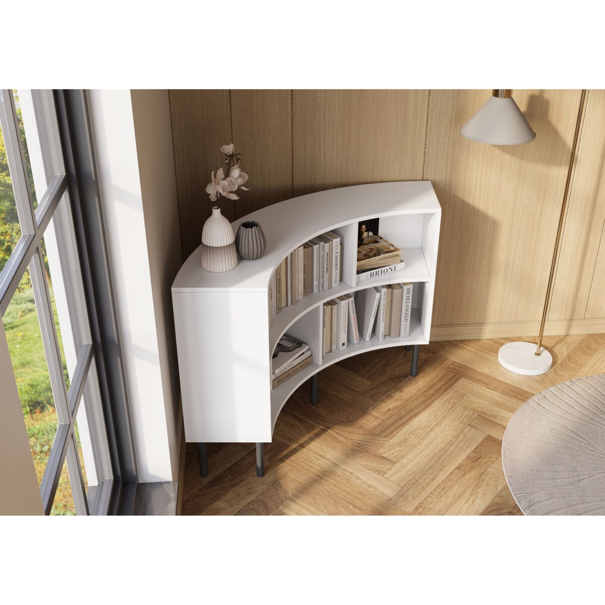 Nowoczesny narożny niski regał na książki Skandica HORN z czarnymi nogami / biały / szer. 100 cm