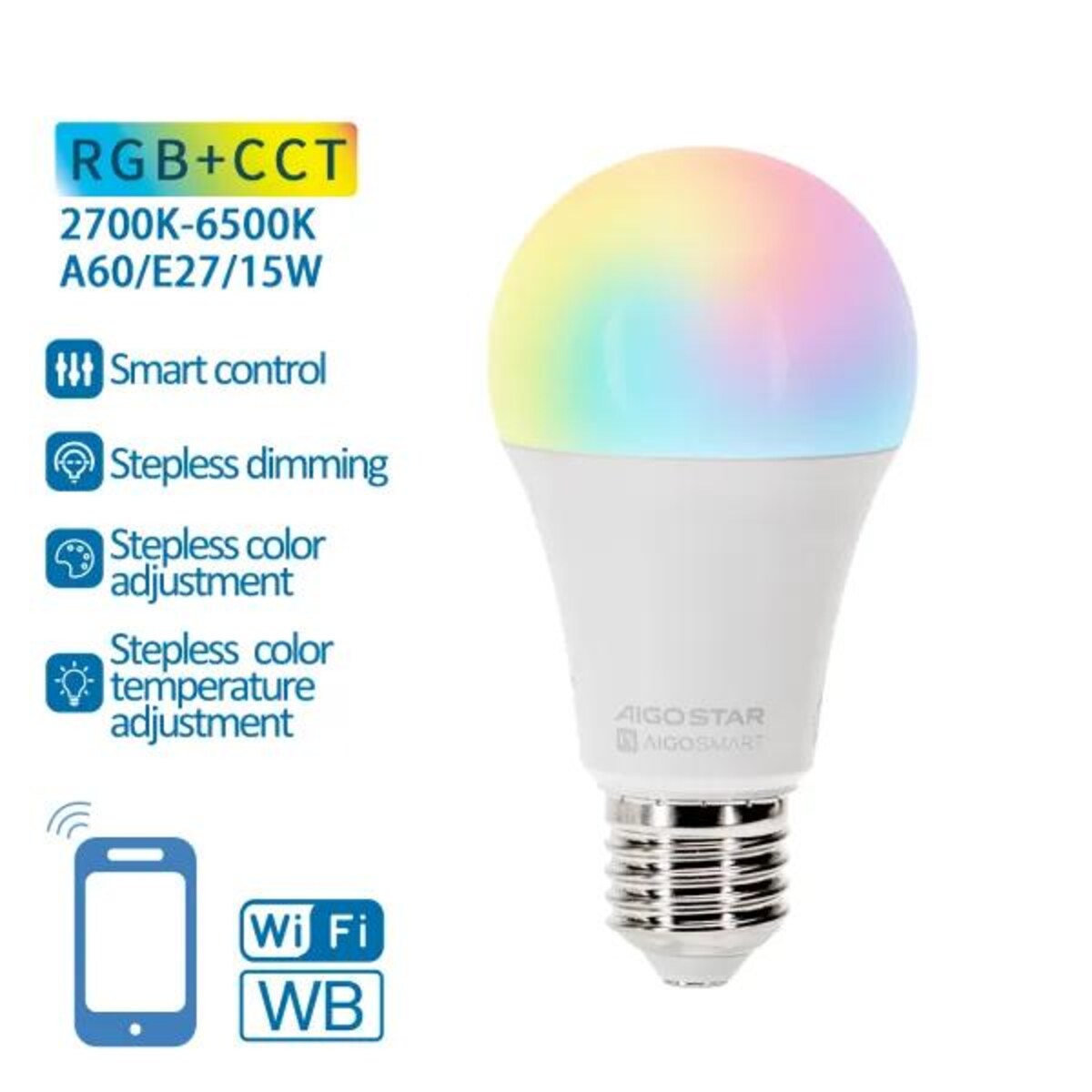 inteligentna żarówka wifi wb a60 e27 15w rgb+cct