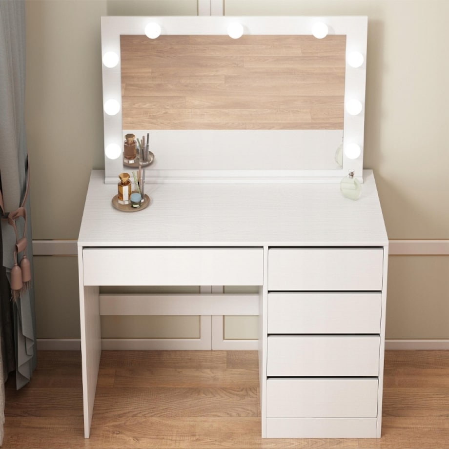 Toaletka kosmetyczna makijażu wizażu z lustrem led nowoczesna glamour biała