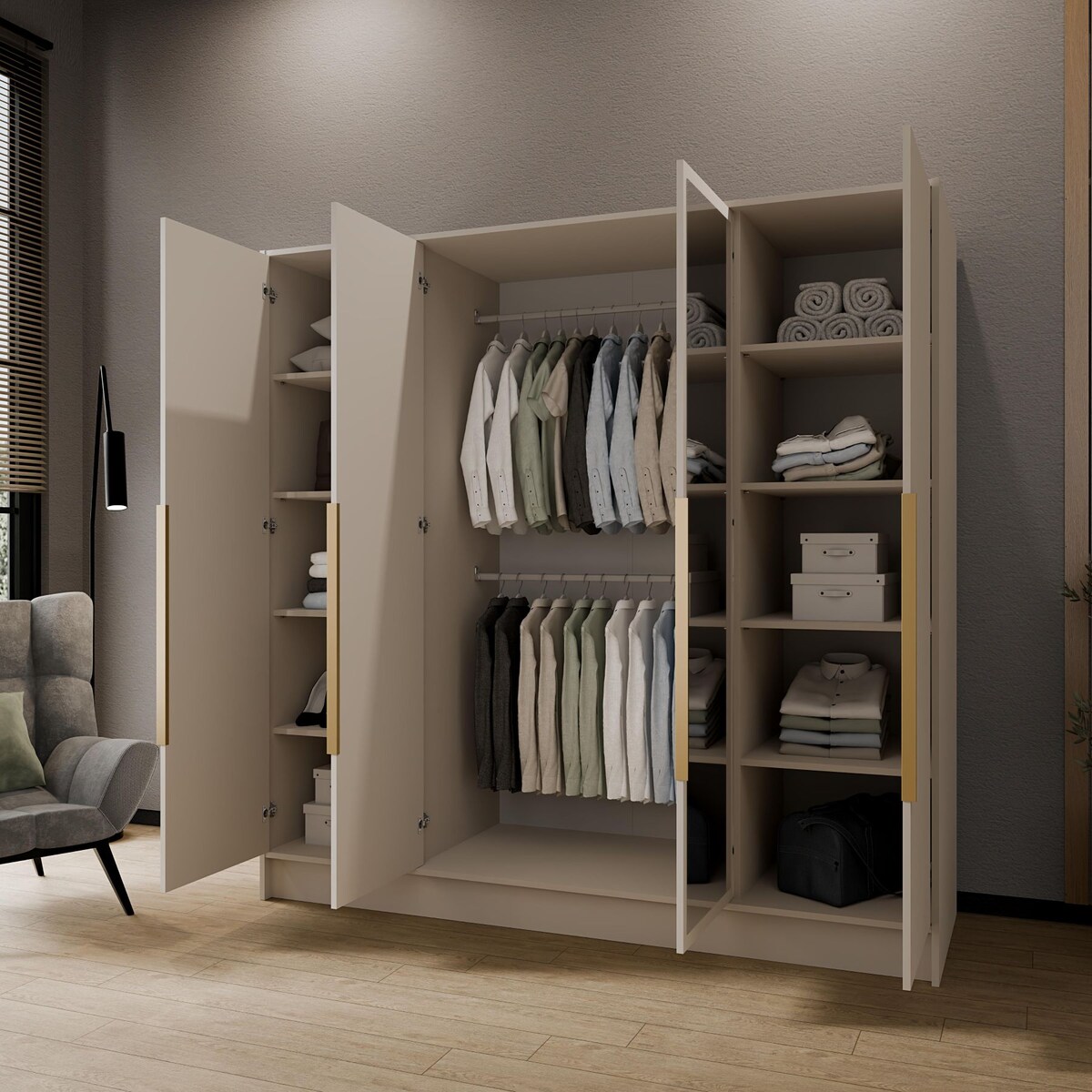 Szafa 200 gładka LUSO z lustrem i złotymi uchwytami, kaszmirowa