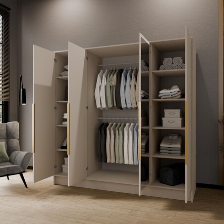 Szafa 200 gładka LUSO z lustrem i złotymi uchwytami, kaszmirowa