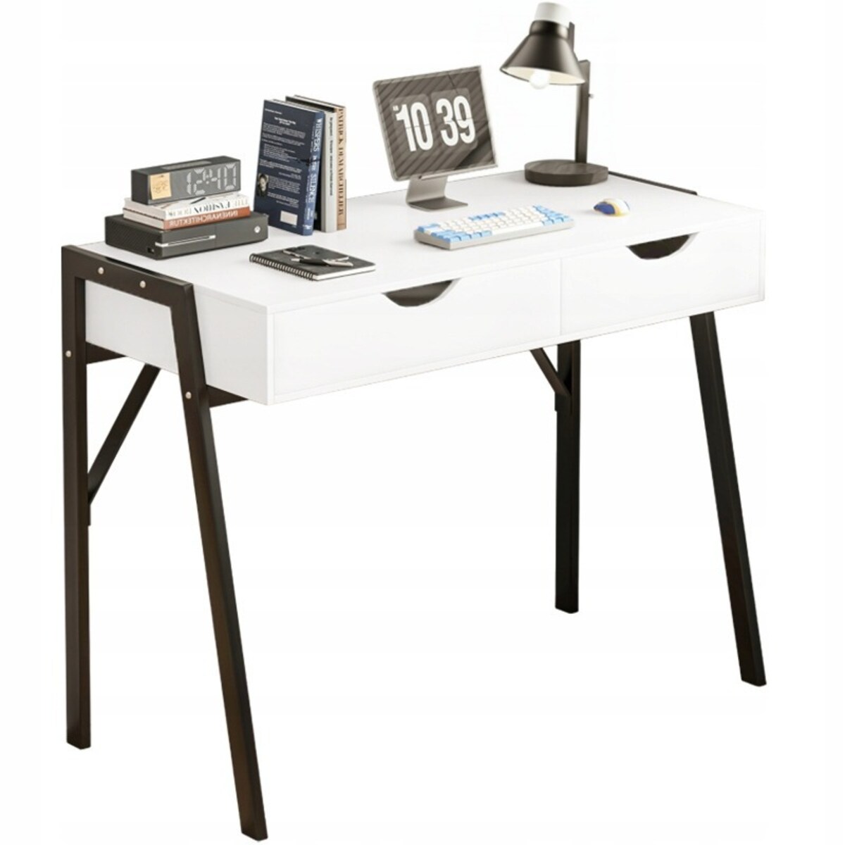 Biurko nowoczesne z szufladami loft białe na czarnych nogach premium 80 cm