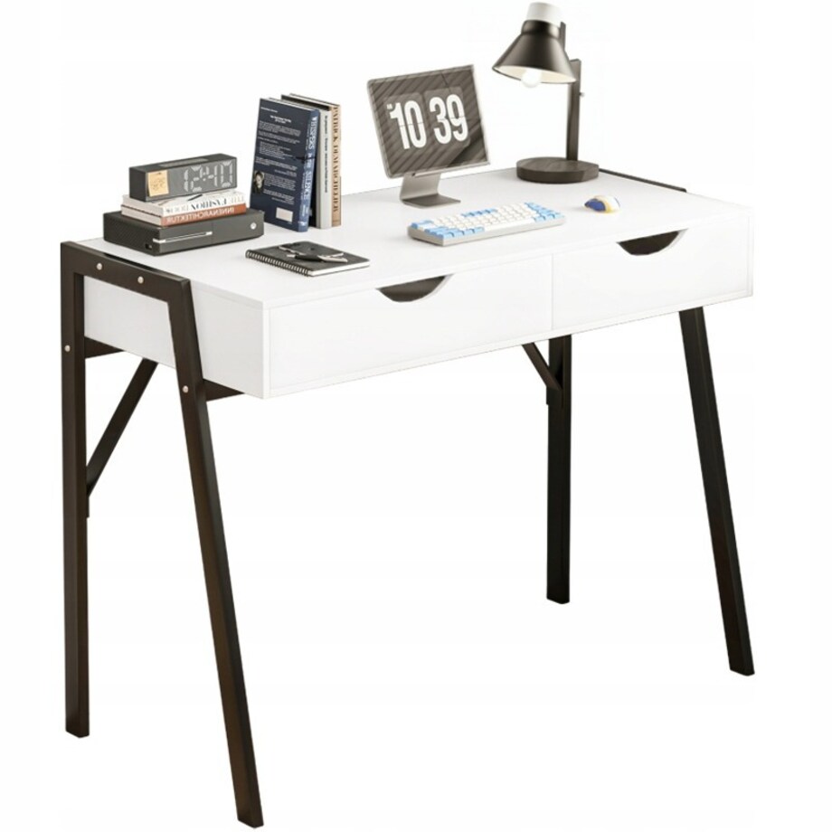 Biurko nowoczesne z szufladami loft białe na czarnych nogach premium 80 cm