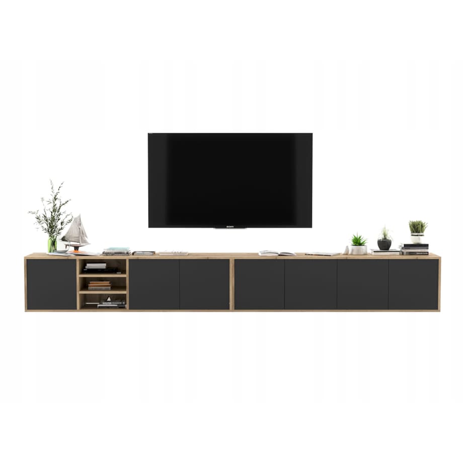 Wisząca szafka RTV Loft Industrialna Dąb Wotan Czarny MAT 300 cm
