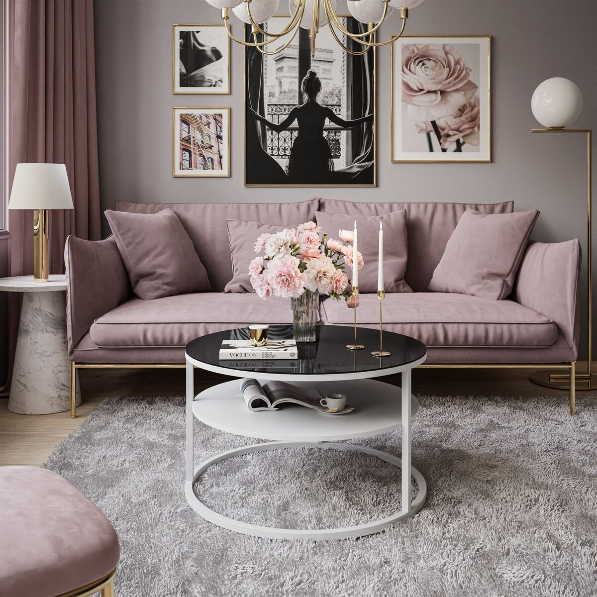 Stolik kawowy CIRI z półką biały czarne szkło