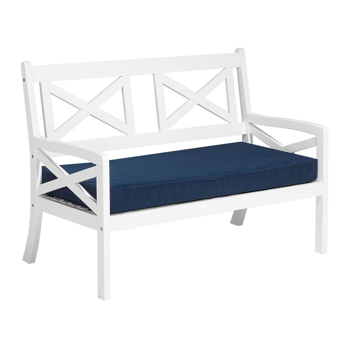 Ławka ogrodowa 120 cm drewniana biała z poduszką niebieską BALTIC