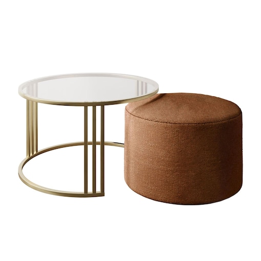 Stolik kawowy z pufą LORI GLASS złoto szczotkowane, przezroczyste szkło / Perfect Harmony 52