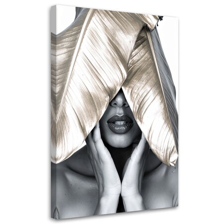 Obraz nowoczesny do salonu sypialni, Kobieta i złote liście na głowie 70x100