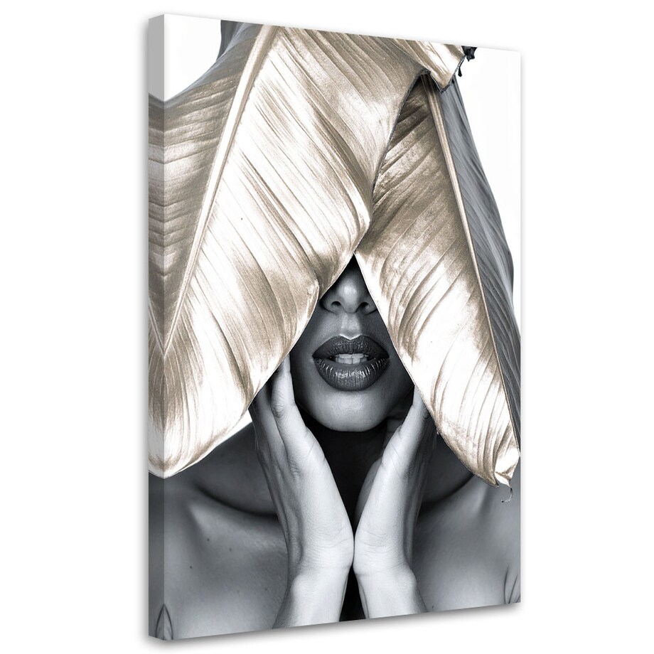 Obraz nowoczesny do salonu sypialni, Kobieta i złote liście na głowie 70x100