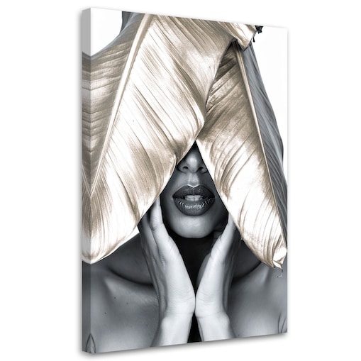 Obraz nowoczesny do salonu sypialni, Kobieta i złote liście na głowie 70x100