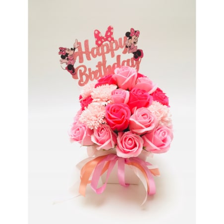 FLOWER BOX RÓŻOWE kwiaty MYDLANE na urodziny dziewczynki prezent MINNIE