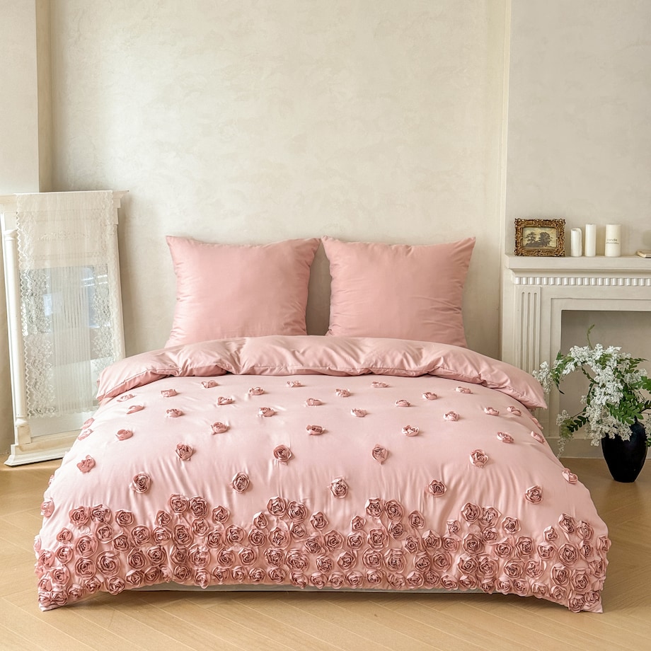 pościel "french roses" z aplikacją 3D róże wyszywane 160x200 | różowy