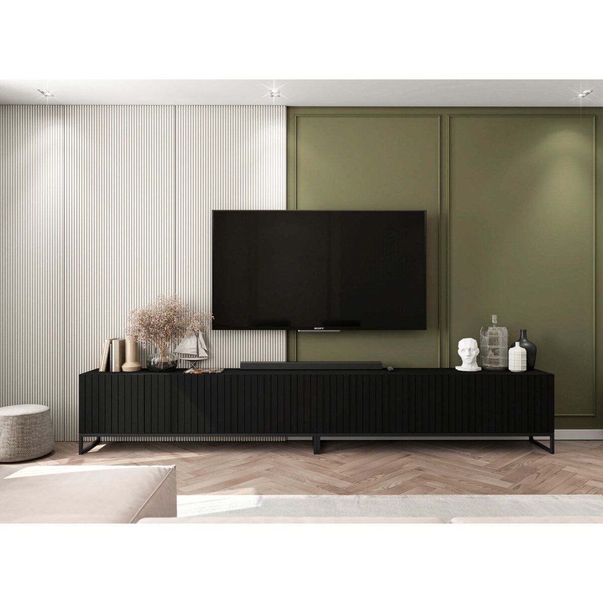 Komoda RTV Loft Nowoczesna Szafka RTV Czarny Mat Glamour Ryflowane Fronty 300 cm