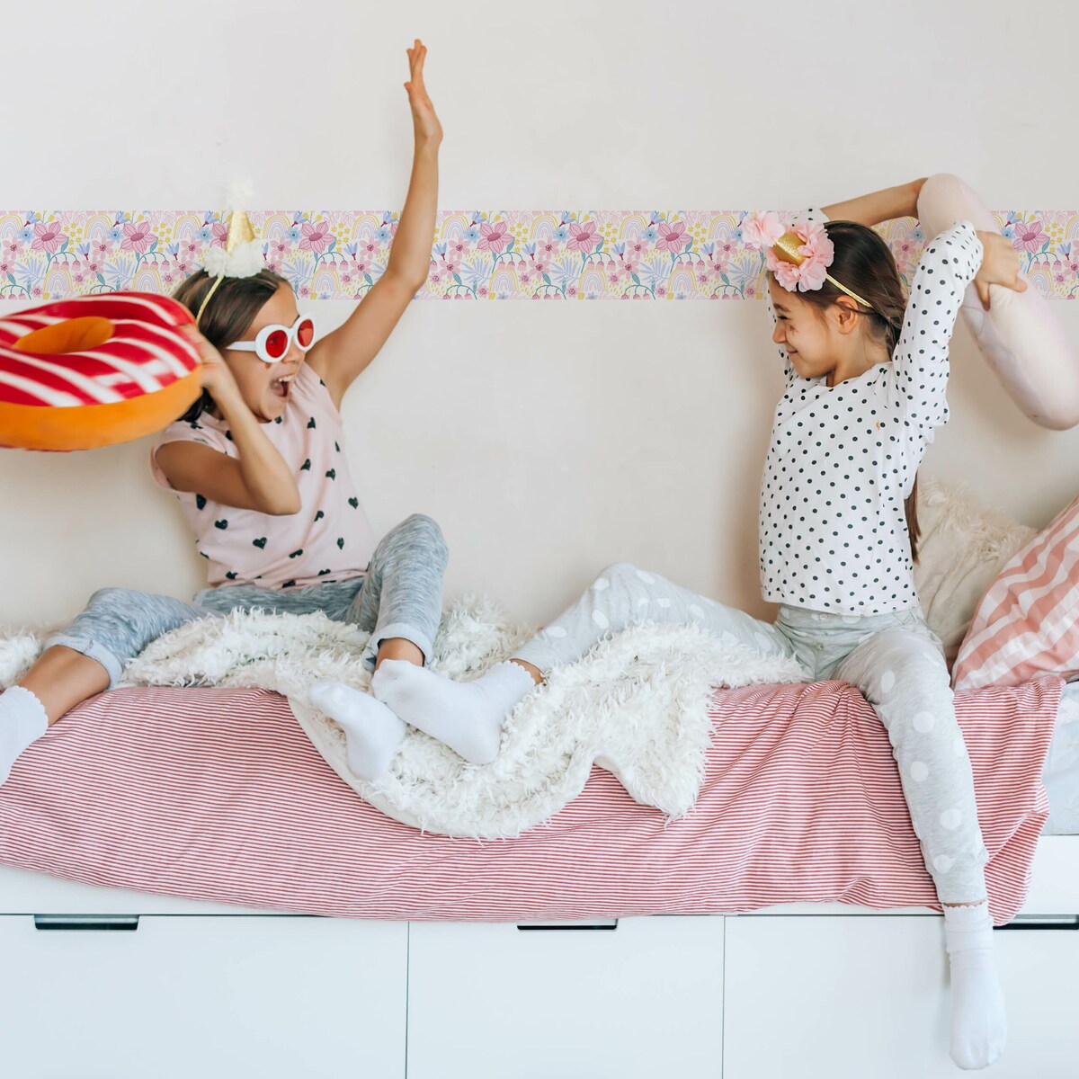 Pasek Dekoracyjny Do Tapet Dla Dzieci Różowe KWIATY Tulipany Liście Tęcze