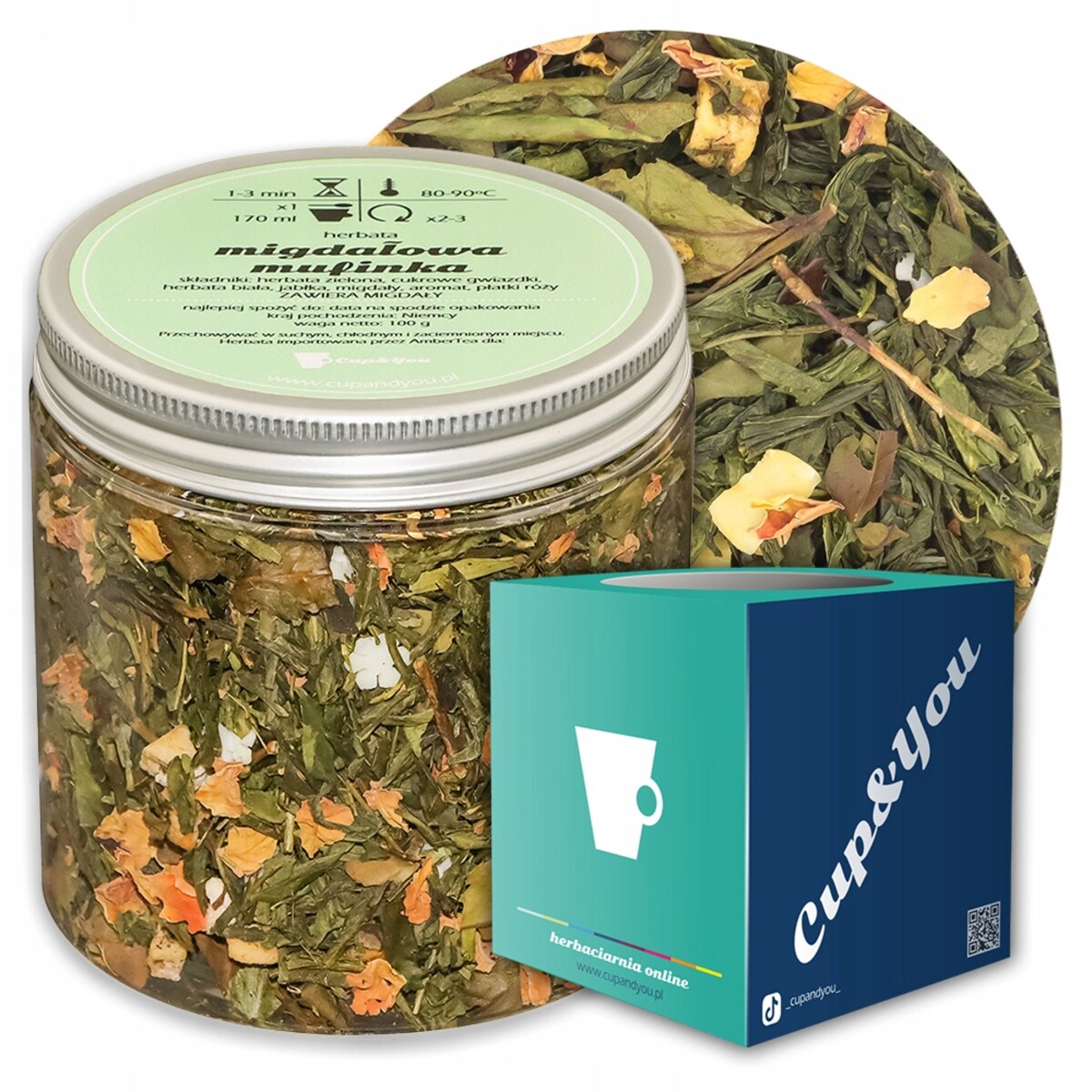 Herbata zielona MIGDAŁOWA MUFINKA o smaku pieczonego jabłka z migdałami - herbata liściasta sypana mieszanka napar susz - gotowa na prezent upominek