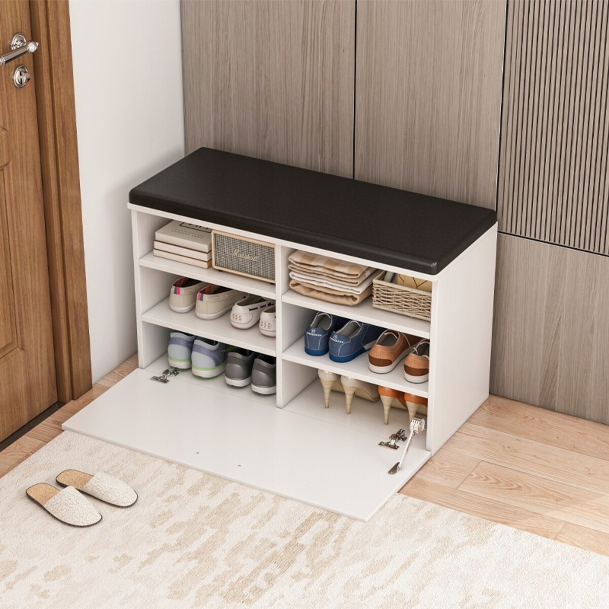 Szafka na buty z siedziskiem I schowkiem przedpokój 6 półek otwierana biała