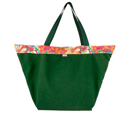 Torba na zakupy zielona-kolorowe kwiaty ze sprzączką