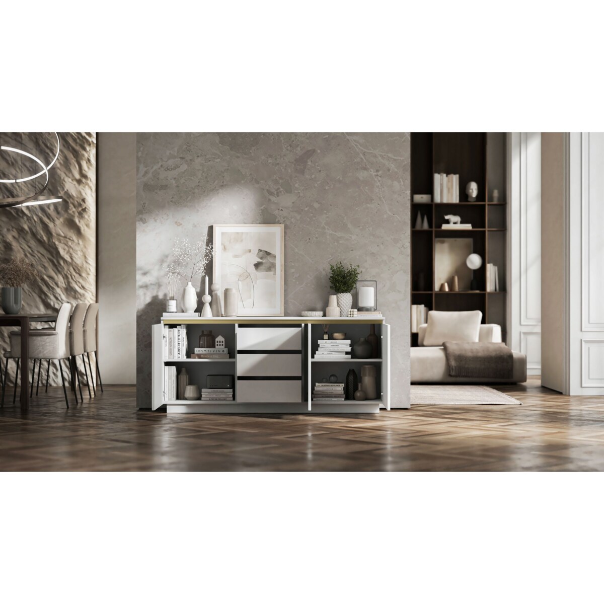 Komoda Glamour Nowoczesna Szafka RTV Biały MAT ryflowane fronty 166,8 cm