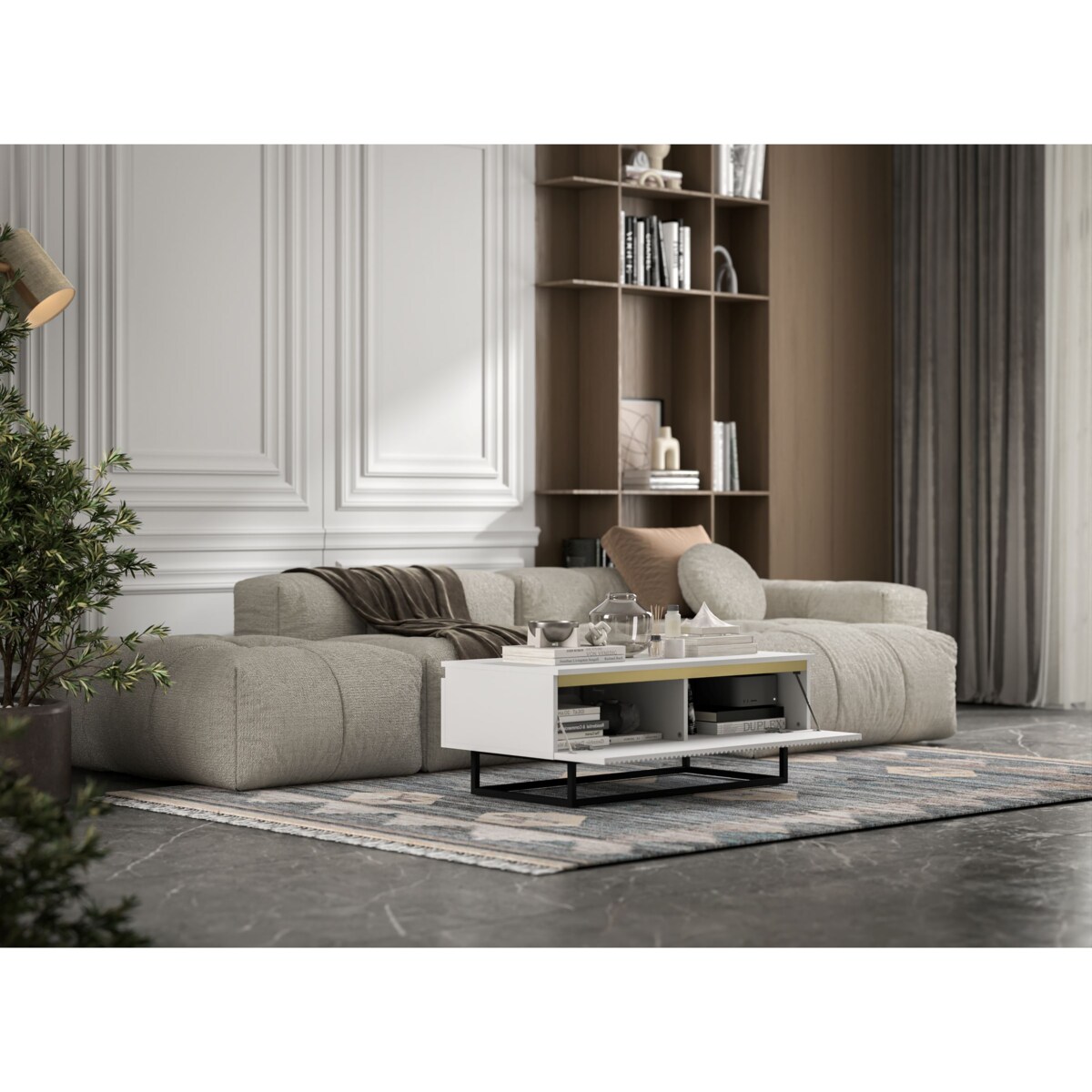 Stolik kawowy Glamour prostokątny elegancka ława Biały Mat Czarna Rama 109 cm