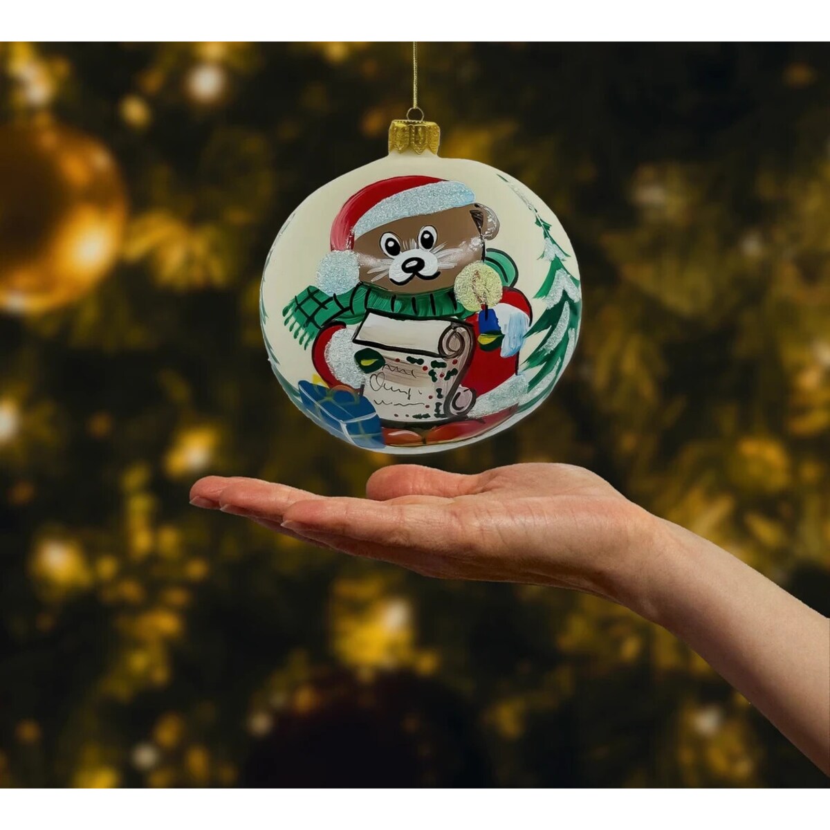 Bombka choinkowa: Miś Świąteczny z listem do Świętego Mikołaja: kremowa