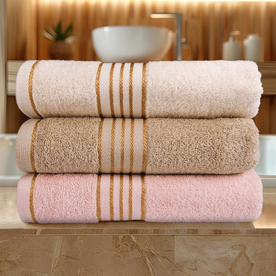 Ręcznik do rąk 30x50 cm bawełniany kolor beżowy z bordiurą w złote paski 500 g/m2 TIWANO