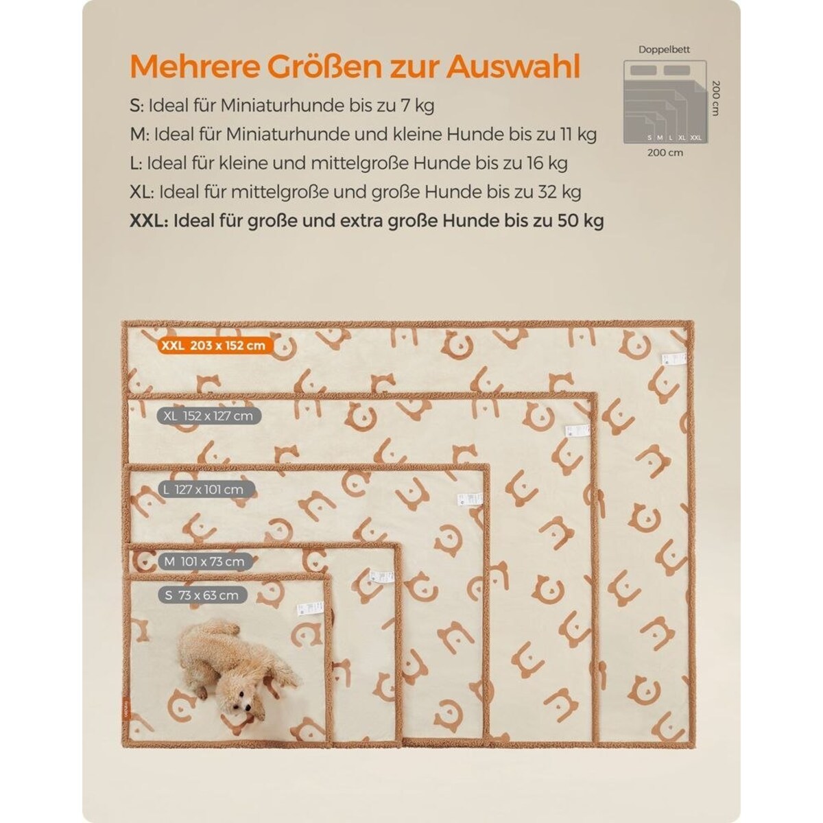 Wodoodporny kocyk dla psa polarowy, dwustronny, do prania, beżowy, XXL (203 x 152 cm)