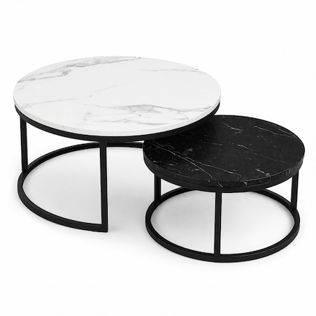 Zestaw okrągłych stolików kawowych 2w1 biało czarny marmur 60 i 80 cm STL14BCZ