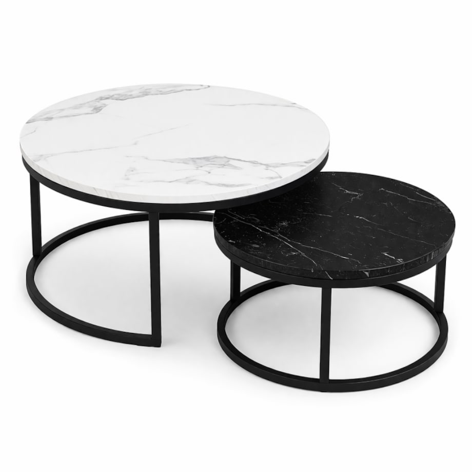 Zestaw okrągłych stolików kawowych 2w1 biało czarny marmur 60 i 80 cm STL14BCZ