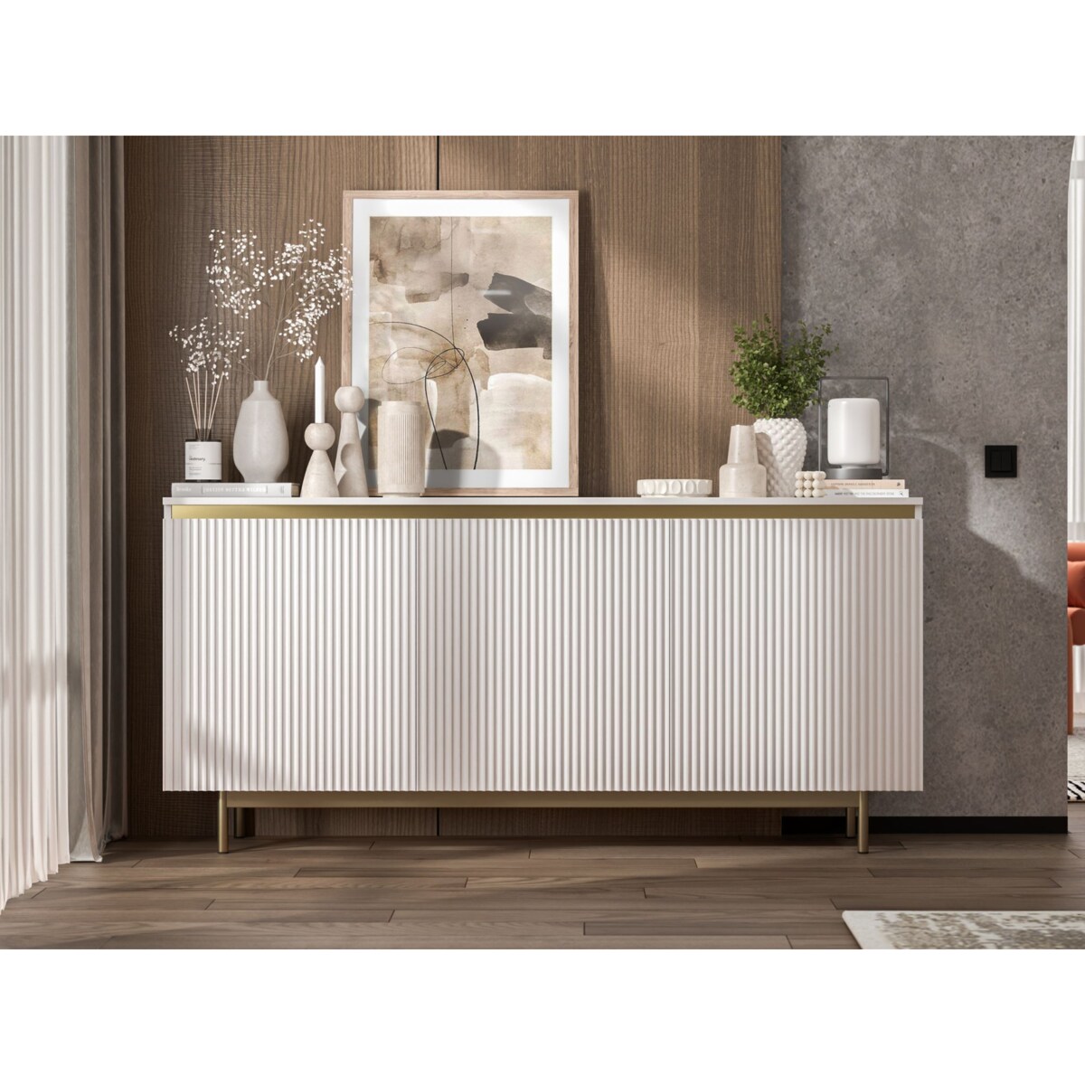 Komoda RTV Glamour 167 cm biała matowa ryflowane fronty złota rama