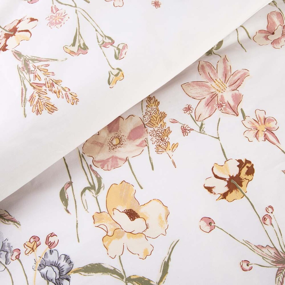 Pościel satyna bawełniana 180x200 Floralis delikatne kremowe kwiaty na biały tle, Satynlove