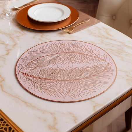 Podkładka dekoracyjna na stół "pióra" śr 38cm | biały/miedź