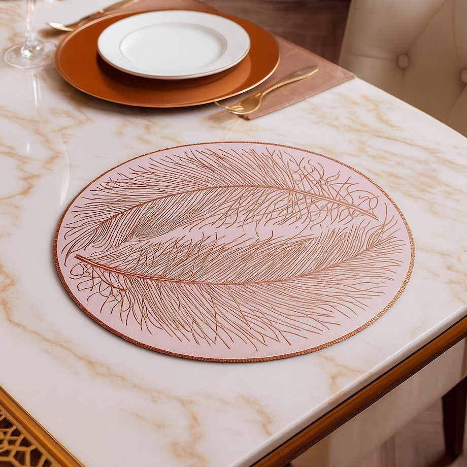 Podkładka dekoracyjna na stół "pióra" śr 38cm | biały/miedź