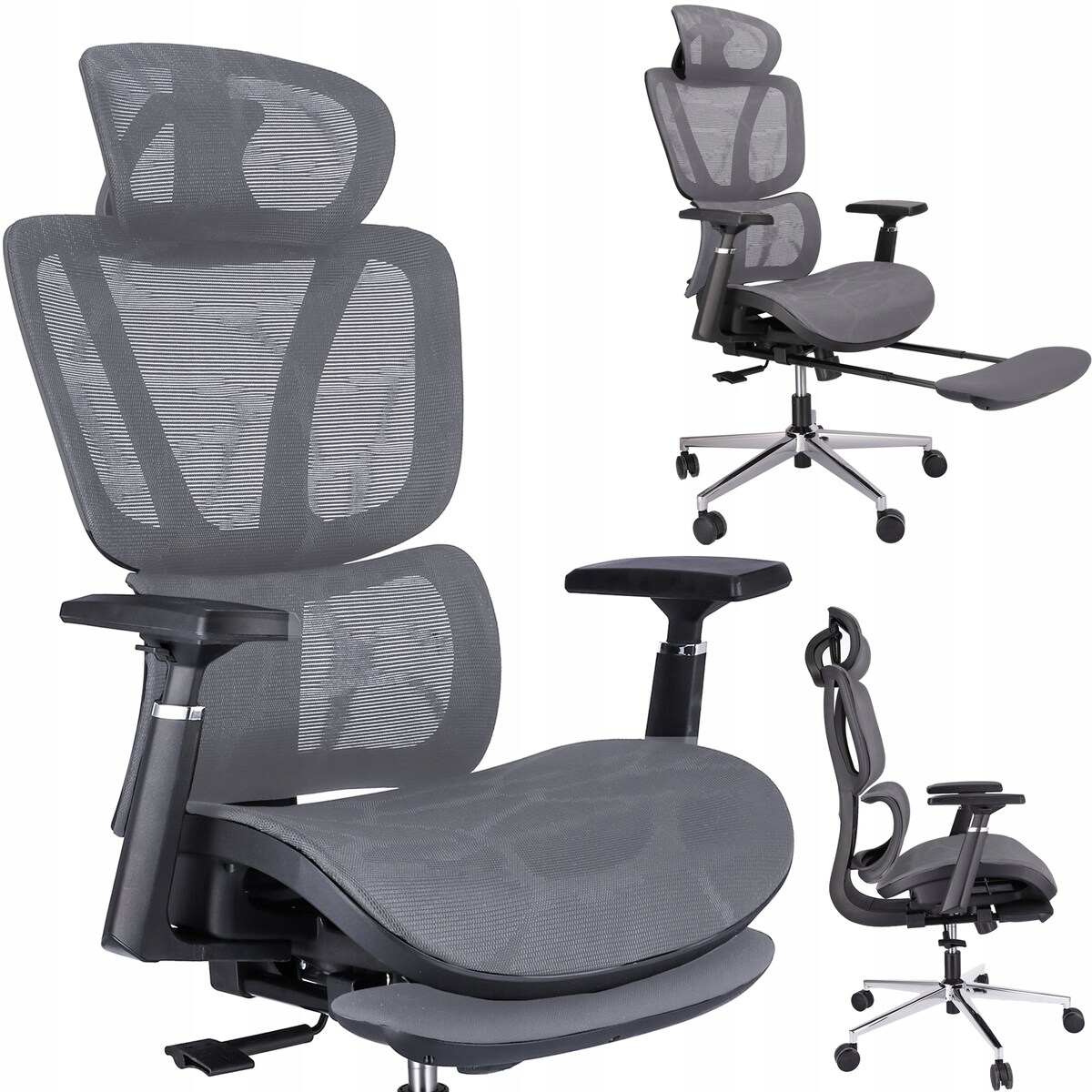 Fotel biurowy ergonomiczny NEOVA szary z podnóżkiem