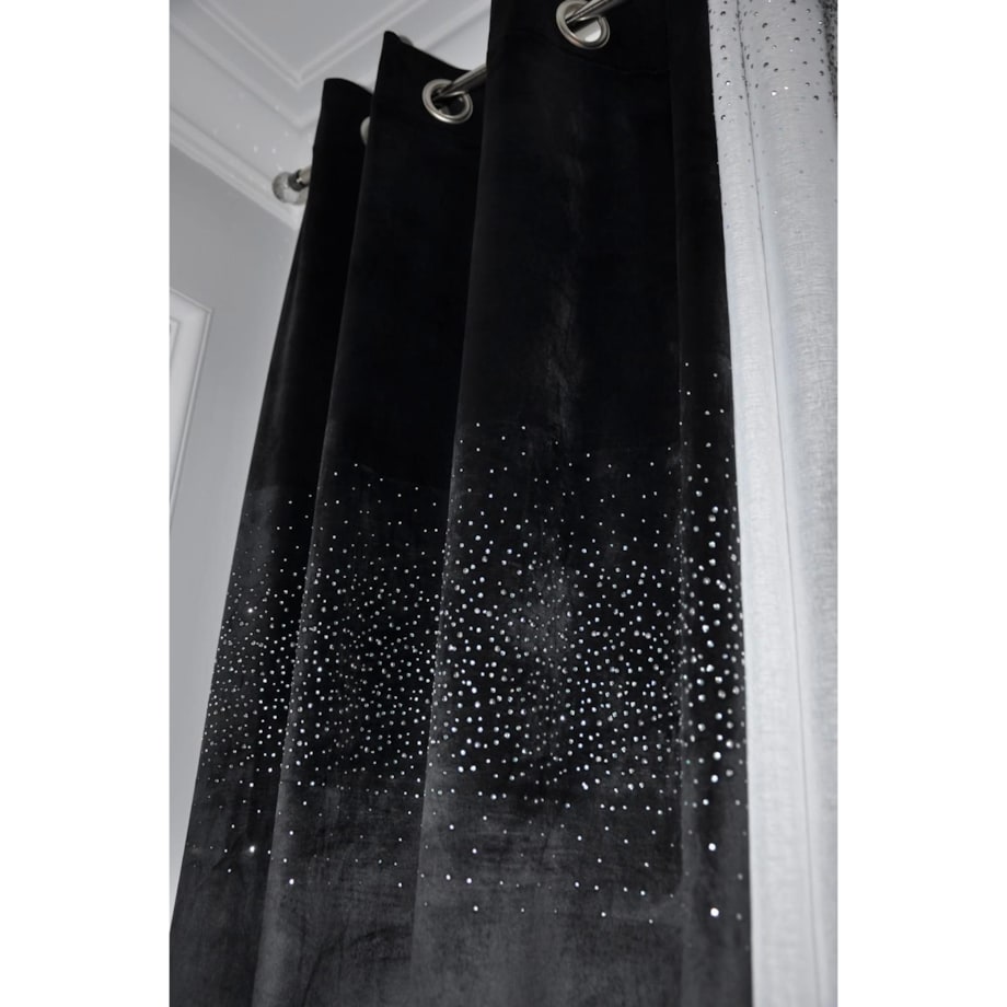 Zasłona welurowa "ALLUMINIUM" 140x250 KRYSZTAŁKI na przelotki czarny