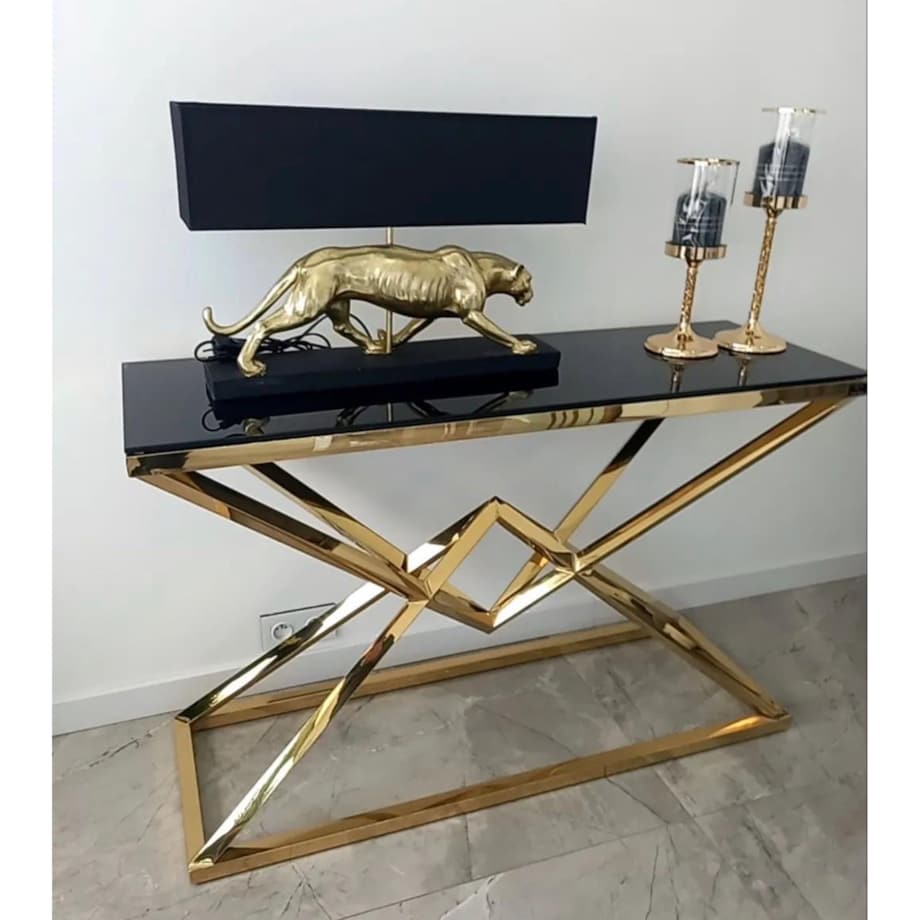 Konsola złota nowojorska Diament Glamour przeźroczysta szyba 120x40x80