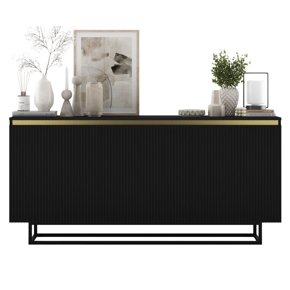 Komoda Glamour Szafka RTV Czarny MAT ryflowane fronty czarny stelaż 166,8 cm