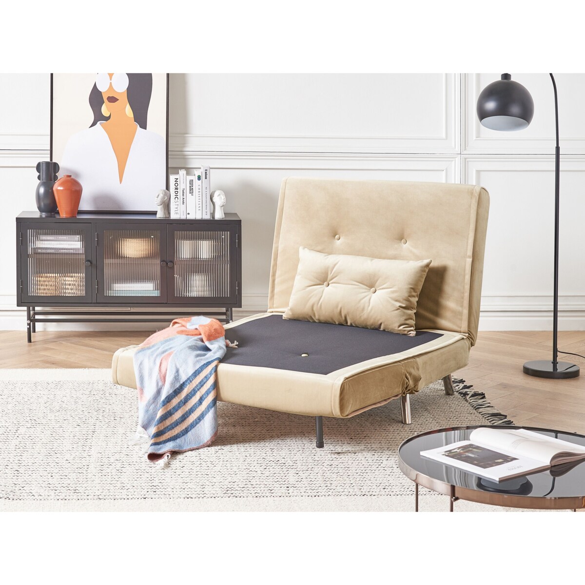 Sofa rozkładana welurowa jednoosobowa beżowa FARRIS