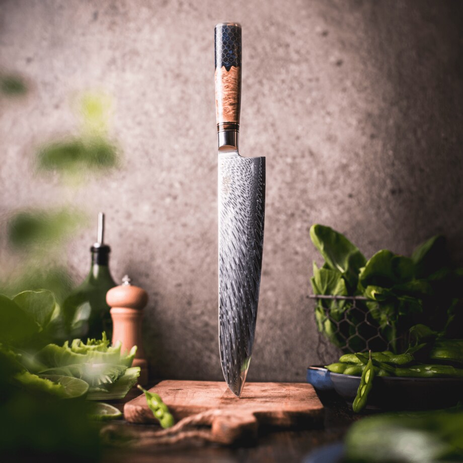 Japoński nóż szefa kuchni Koufuku w pudełku prezentowym Stal damasceńska AUS-10 Profesjonalny nóż