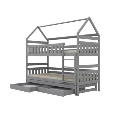 Łóżko piętrowe domek FELIKS 160x80 szare drewniane trzyosobowe z szufladami