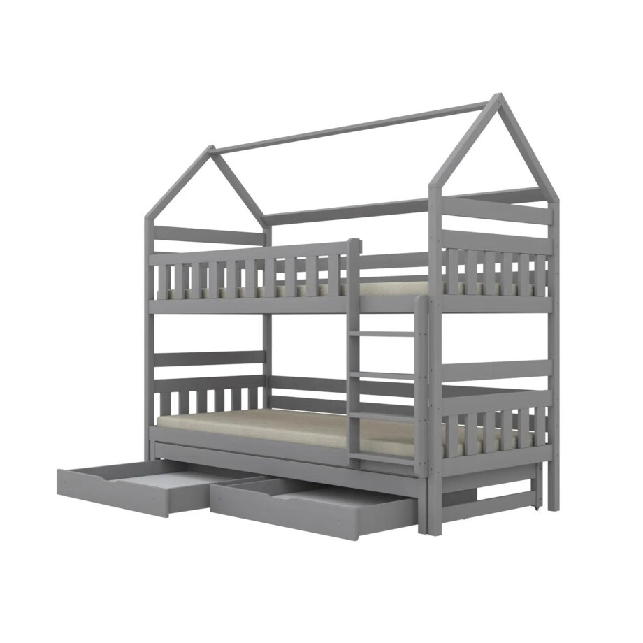 Łóżko piętrowe domek FELIKS 160x80 szare drewniane trzyosobowe z szufladami