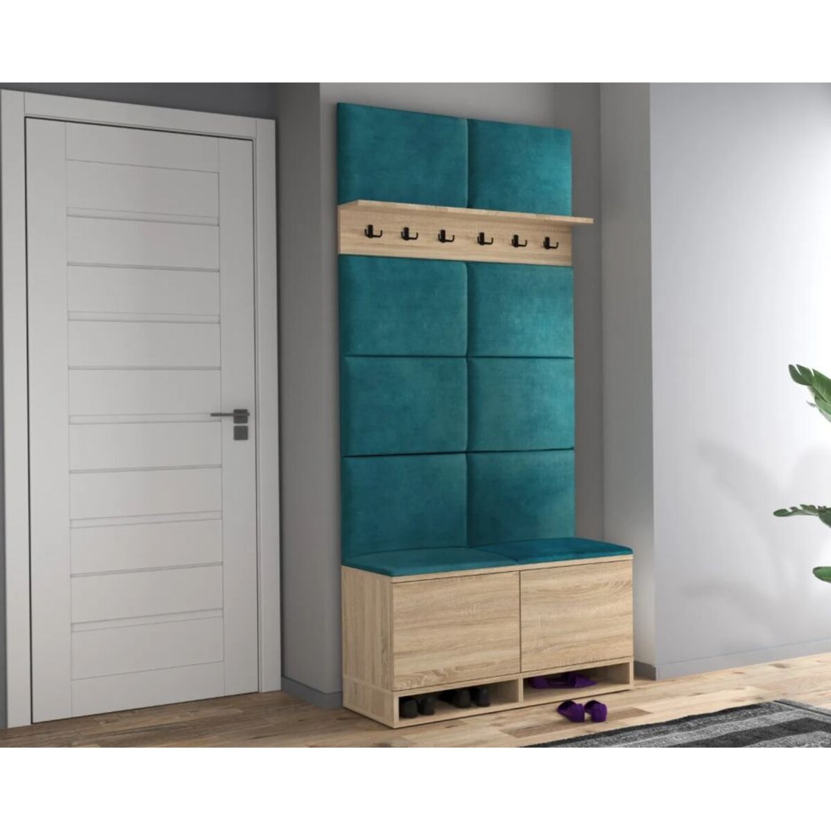 Szafka na buty z siedziskiem i wieszakiem DUBAI dąb sonoma/zielona