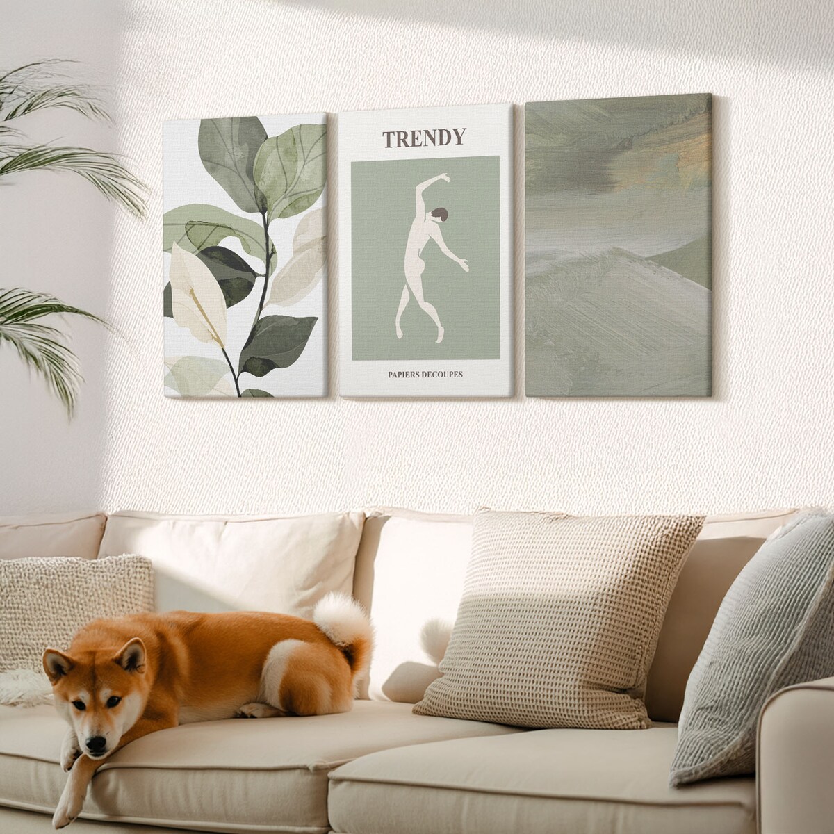 Zestaw 3 dużych obrazów na płótnie - Roślinne wzory sylwetki abstrakcji - zielony