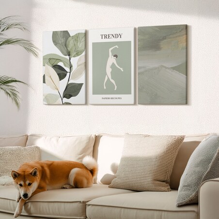 Zestaw 3 dużych obrazów na płótnie - Roślinne wzory sylwetki abstrakcji - zielony