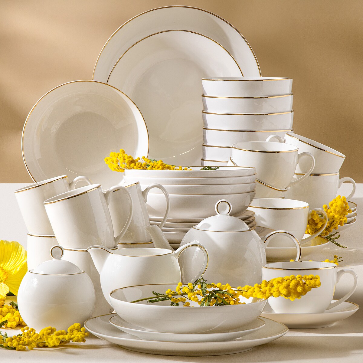 KONSIMO AD BELLA, Zestaw obiadowo-kawowo-herbaciany 6 os. (45 el.), kolor ecru/złoty