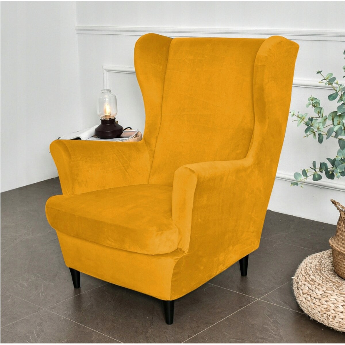 POKROWIEC NA FOTEL USZAK MUSZTARDOWY WELUR ELASTYCZNY [22E7]