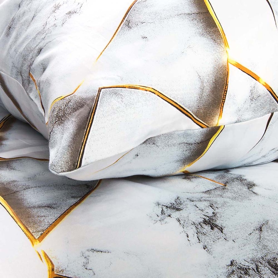 Pościel satyna bawełniana 180x200 Marbela marmur, biała i szara, złote detale, Satynlove